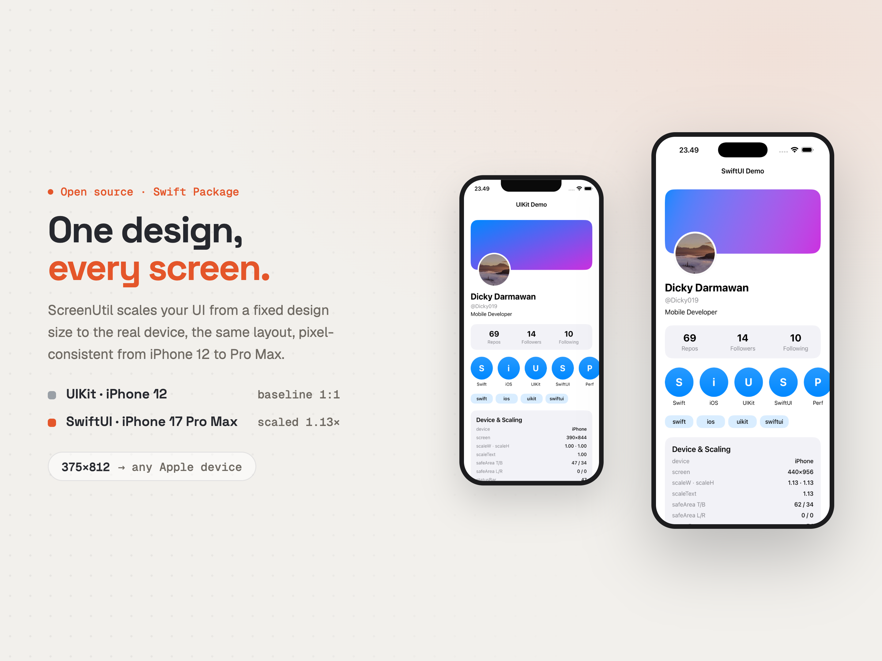 ScreenUtil scaling the same layout across an iPhone 12 and iPhone 17 Pro Max