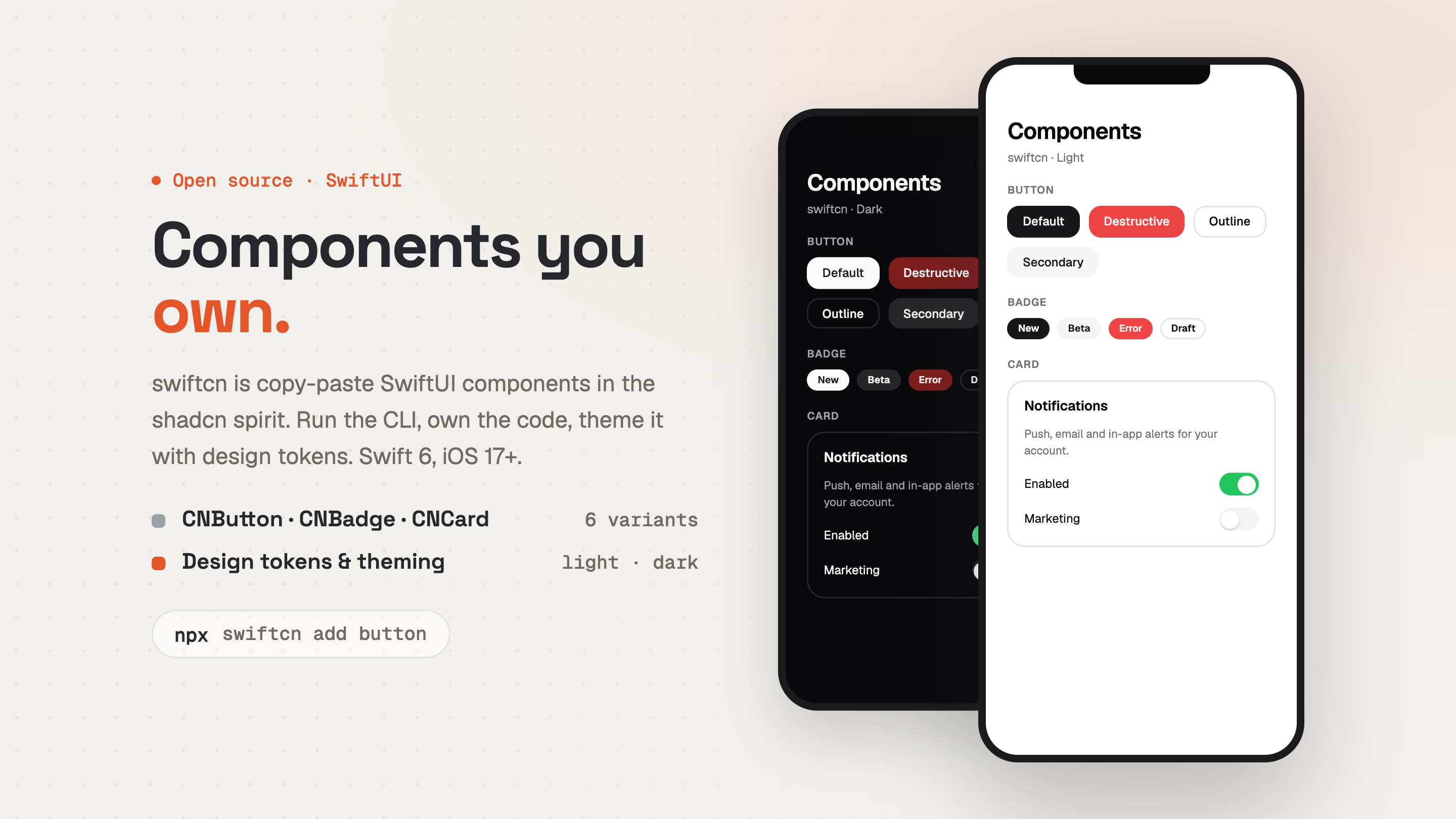 swiftcn SwiftUI components generated through the CLI